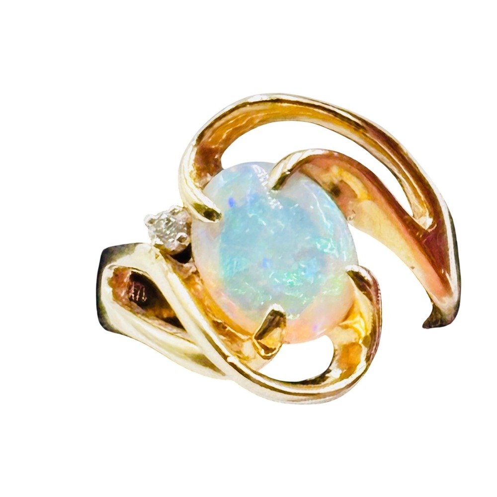 Vintage 14K Yellow Gold Opal and Diamond Bypass Swirl Ring Size 6.75